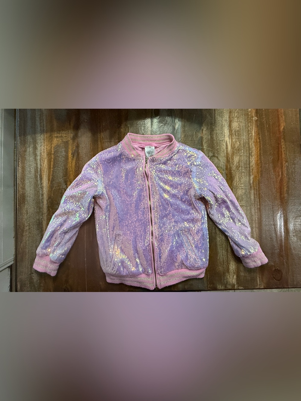 Disney Girls Size 7/8 Iridescent Pink Sequin Bomber Jacket EUC